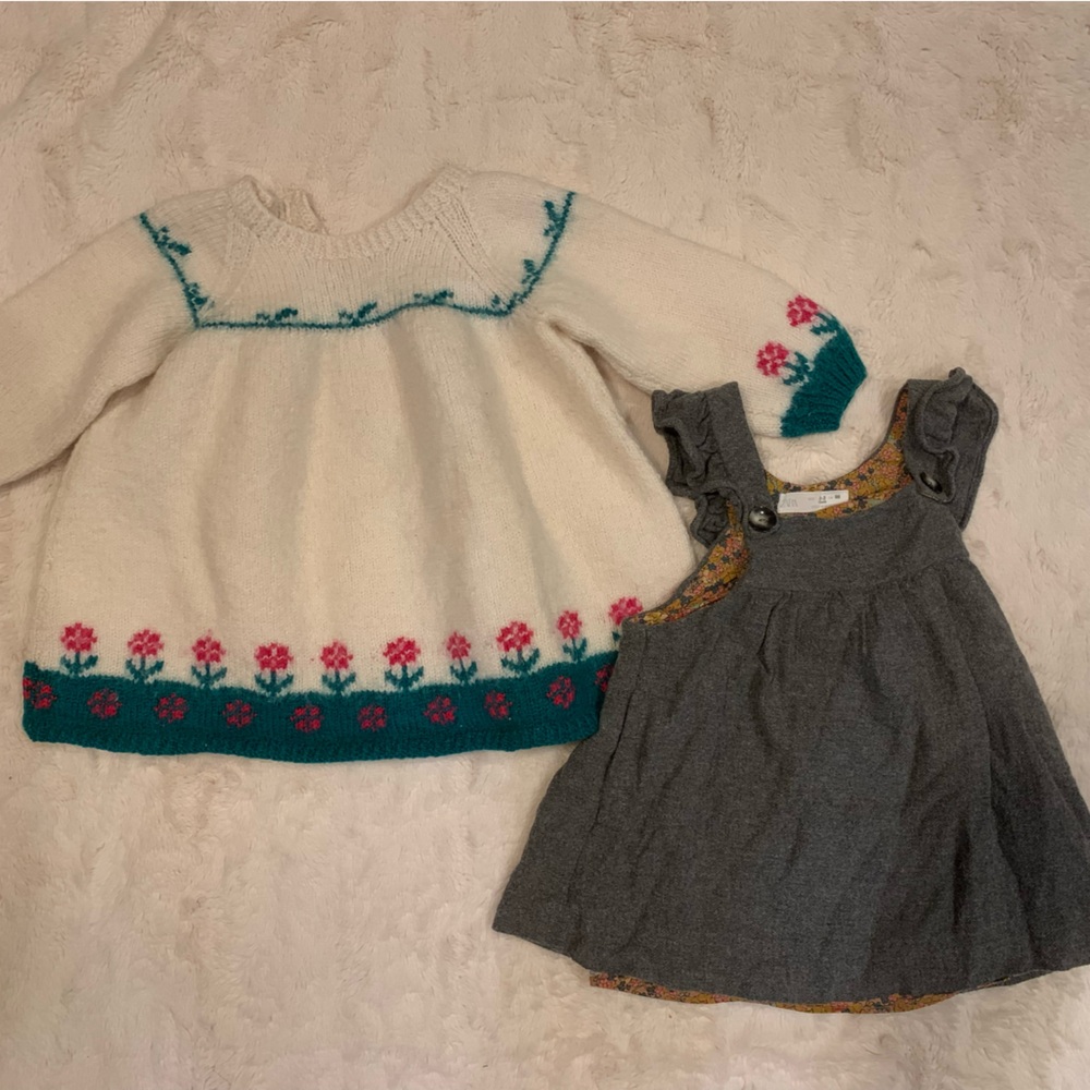 Girls vintage sweater dress and Zara pinafore